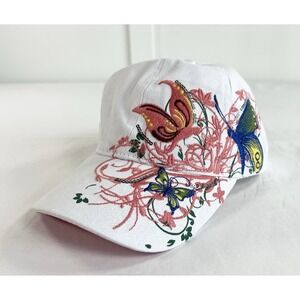 New Flower & Butterfly Embroidered Baseball Hat Women's OS White Pink Sequins